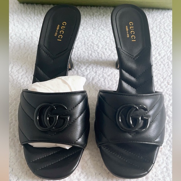 GUCCI Women’s Black Chevron Double G Mid-Heels Sandals Shoes - Picture 2 of 14